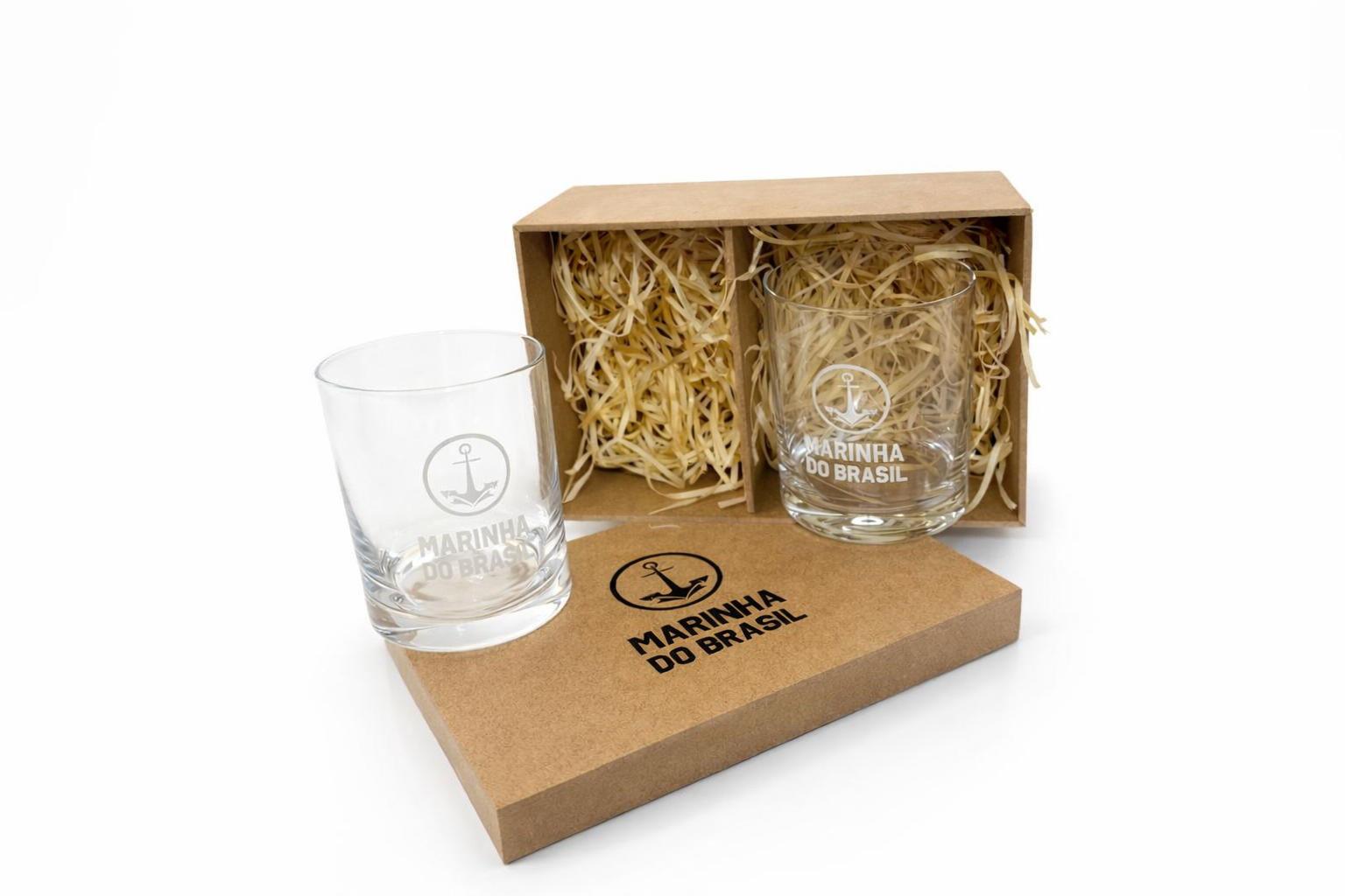Copos de cristal para uísque com estojo personalizado de MDF natural