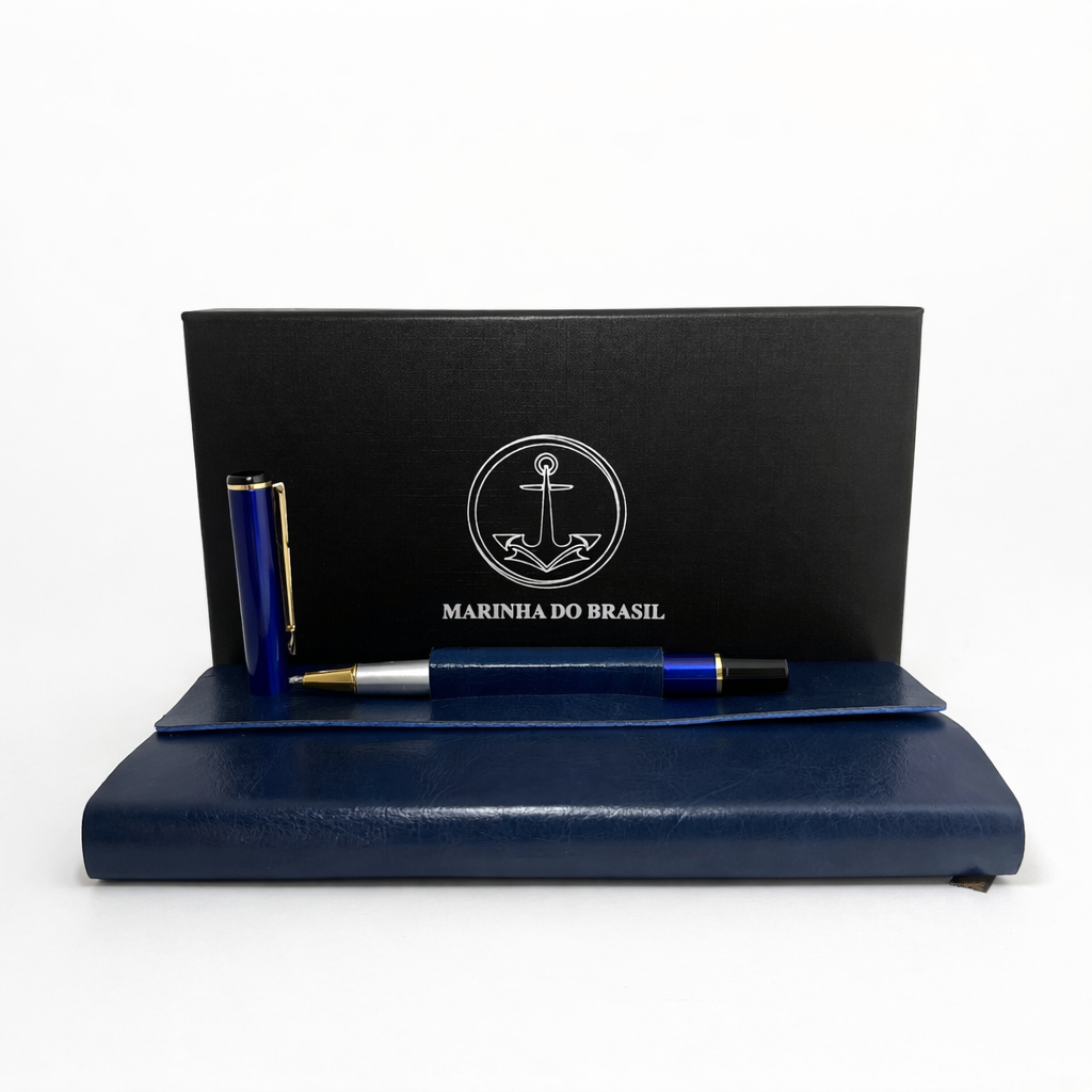  Bloco de couro azul marinho com caneta metálica, acompanha caixa de presente personalizada  