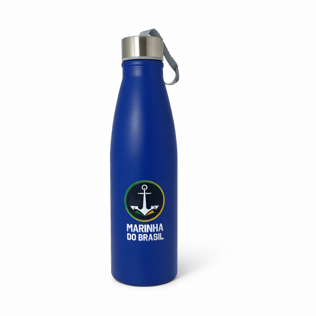 Garrafa Squeeze azul de inox 750 ml personalizada Logo Marinha em DTF 