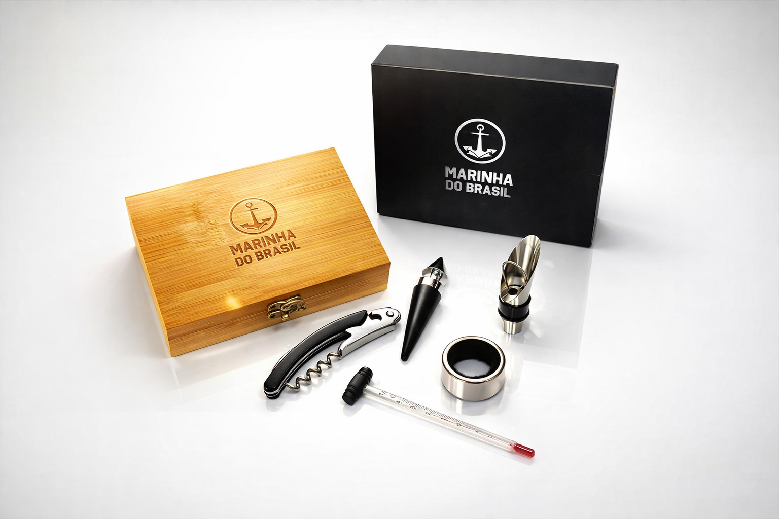 Acessórios para vinho com estojo em bambu com 06 peças 