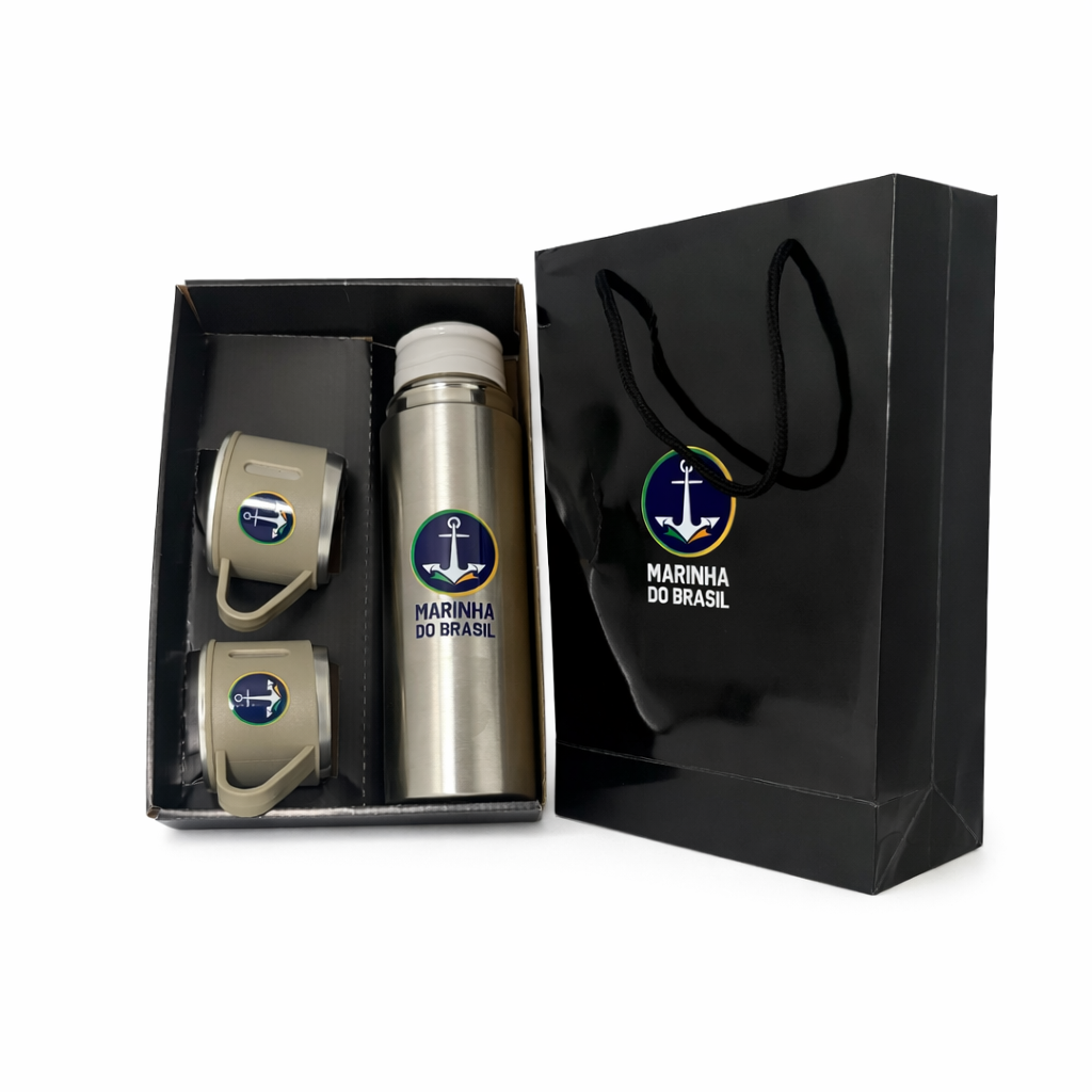 Kit garrafa térmica 500 em aço inoxidável com 3 xícaras personalizada em DTF em todas as peças 